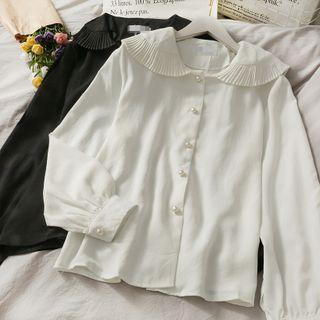 Pleated Peter Pan-collar Plain Blouse