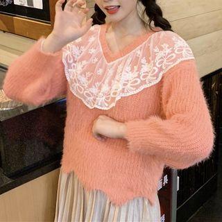 Lace Trim Sweater Orange Pink - One Size