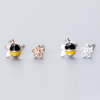 925 Sterling Silver Non-matching Bee & Flower Earring