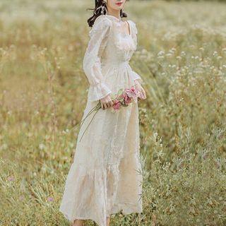 Bell-sleeve Lace Maxi A-line Dress