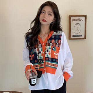 Print Knit Panel Blouse