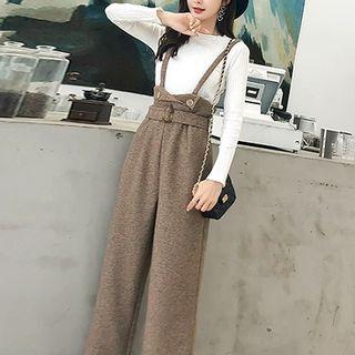 Plain Long-sleeve T-shirt / Wide-leg Suspender Pants / Set