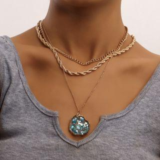 Gemstone Pendant Layered Alloy Necklace 1 Pc - Gold - One Size