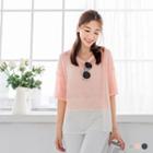 Color Block Short-sleeve Sweater Pink + White - 3xl