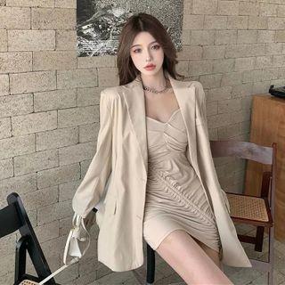 Single-breasted Blazer / Spaghetti Strap Drawstring Mini Bodycon Dress / Set
