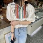 Puff-sleeve Frill Trim Color Block Blouse