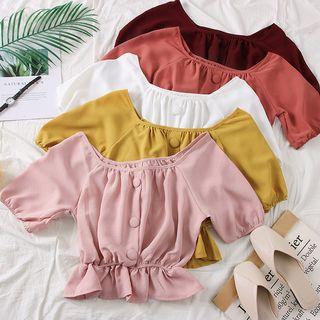 Drawstring-waist Buttoned Crop Blouse