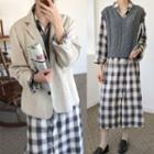 Plaid Long-sleeve Midi Collared Dress / V-neck Cable Knit Vest / Single-breasted Blazer