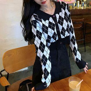 Collared Argyle Buttoned Knit Top Black - One Size