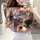 Set: Elbow-sleeve Printed Chiffon Top + Camisole Top