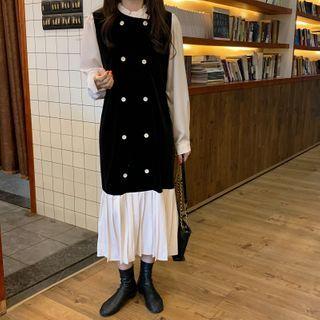 Long-sleeve Double Breasted Panel Velvet Dress Black - One Size