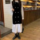 Long-sleeve Double Breasted Panel Velvet Dress Black - One Size