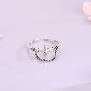 925 Sterling Silver Chain Strap Cross Open Ring Rs520 - Silver - One Size