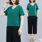 Set : Plain V-neck Short-sleeve Top + Capri Wide-leg Pants