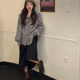 Peter Pan Collar Plaid Blouse / Midi A-line Skirt