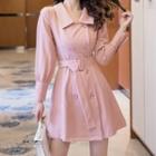Long-sleeve Double Breasted Plain Mini Dress