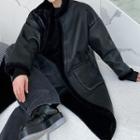 Fleece Lined Faux Leather Long Coat
