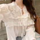 Bell-sleeve Ruffle-trim Lace Blouse White - One Size
