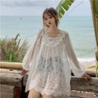 Set: Puff Sleeve Lace Panel Sheer Dress + Camisole Top White - One Size