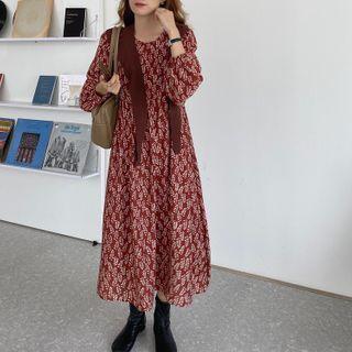 Long-sleeve Floral Print Midi Dress / Shawl