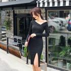 Off-shoulder Midi Long-sleeve Knit Dress