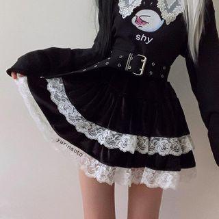 Lace Trim Tiered Mini A-line Skirt