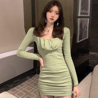 Drawstring Shirred Mini Bodycon Dress