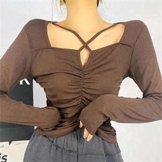 Long Sleeve Cross-strap Square-neck Ruched Crop Top