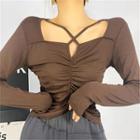 Long Sleeve Cross-strap Square-neck Ruched Crop Top