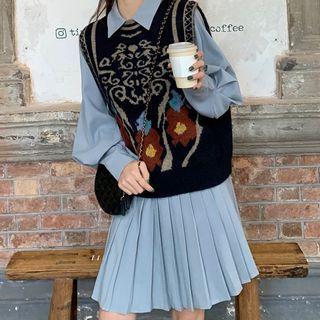 Print Sweater Vest / Mini A-line Shirtdress