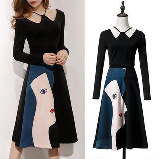 Set: Lattice Long-sleeve Top + Print Skirt