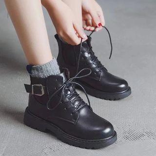 Faux-leather Lace-up Belted Ankle Boots
