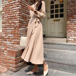 Notched-lapel Pleated-hem Shirtdress Beige - One Size