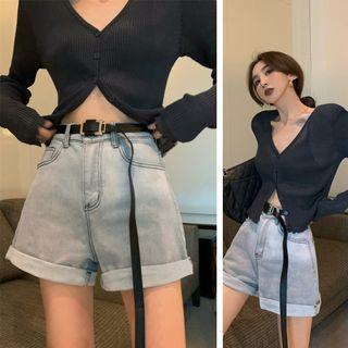 Plain Button-up Slim-fit Top/ Roll-up Denim Shorts