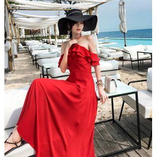 Elbow-sleeve Cold-shoulder Maxi A-line Dress