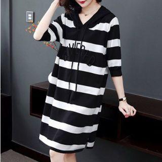 Elbow-sleeve Stripe Hoodie Dress