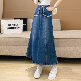Set: Short-sleeve Lace-up T-shirt + Fringe Trim Midi A-line Denim Skirt