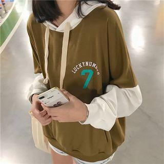 Drawstring Print Two Tone Hoodie