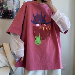 Elbow-sleeve Printed T-shirt / Long-sleeve Mesh Top
