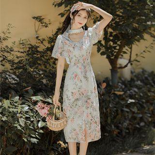 Short-sleeve Cutout Floral Split Midi Dress