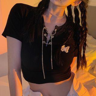Short-sleeve Butterfly Embroidered Lace Up T-shirt