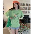 Mock Two-piece Heart Print T-shirt Green - One Size