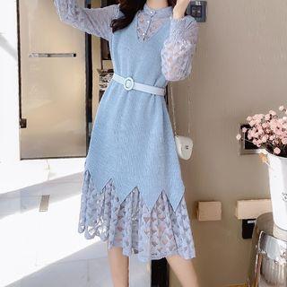 Mock Two-piece Long-sleeve A-line Midi Lace Dress