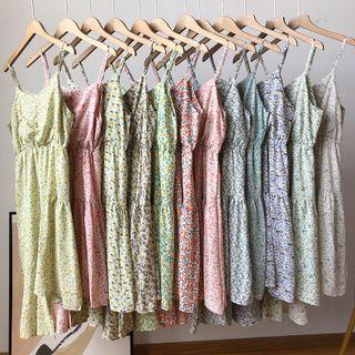 Spaghetti-strap Floral Asymmetric Dress
