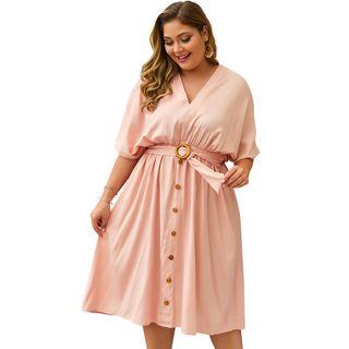 Belted V-neck Short-sleeve A-line Dress