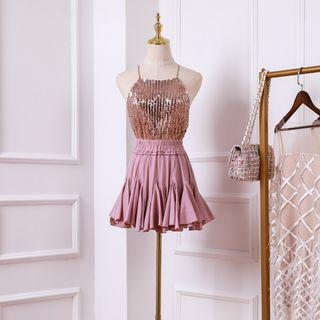 Set: Spaghetti Strap Sequined Top + A-line Mini Skirt