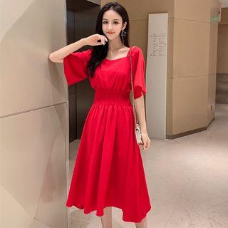 Bell-sleeve Plain A-line Midi Dress
