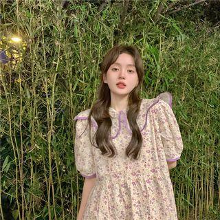 Short-sleeve Collar Floral Midi A-line Dress Purple & Beige Floral - White - One Size