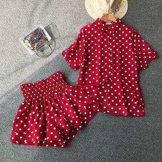 Set: Polka-dot Elbow-sleeve Blouse + High-waist Shorts