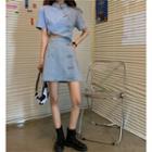 Short-sleeve Frog Button Denim Shirt / Mini A-line Skirt